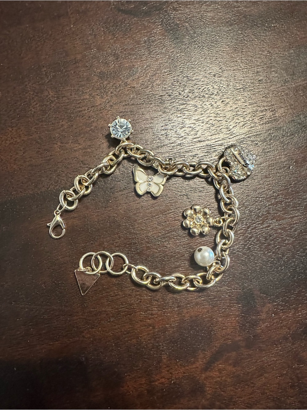 Gold-Tone Charm Bracelet with Butterfly, Flower & Pearl Charms